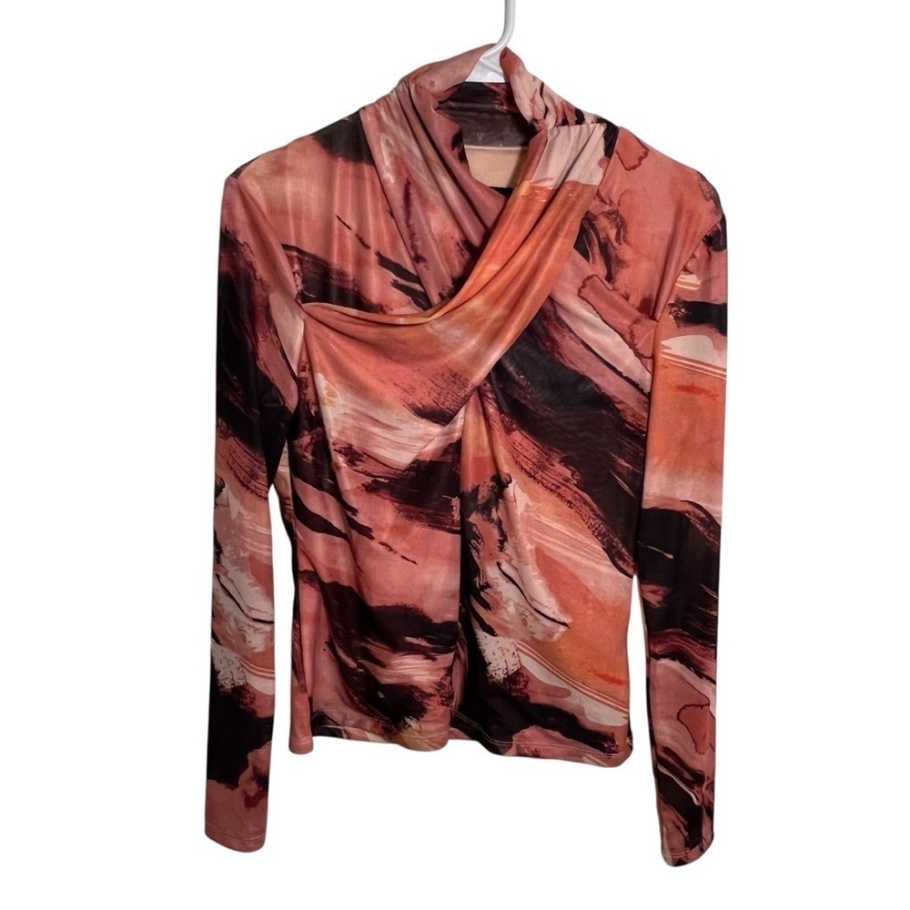 New York & Co Women's Size Small Wrap Neck Blouse Long Sleeve Marble Orange Pink